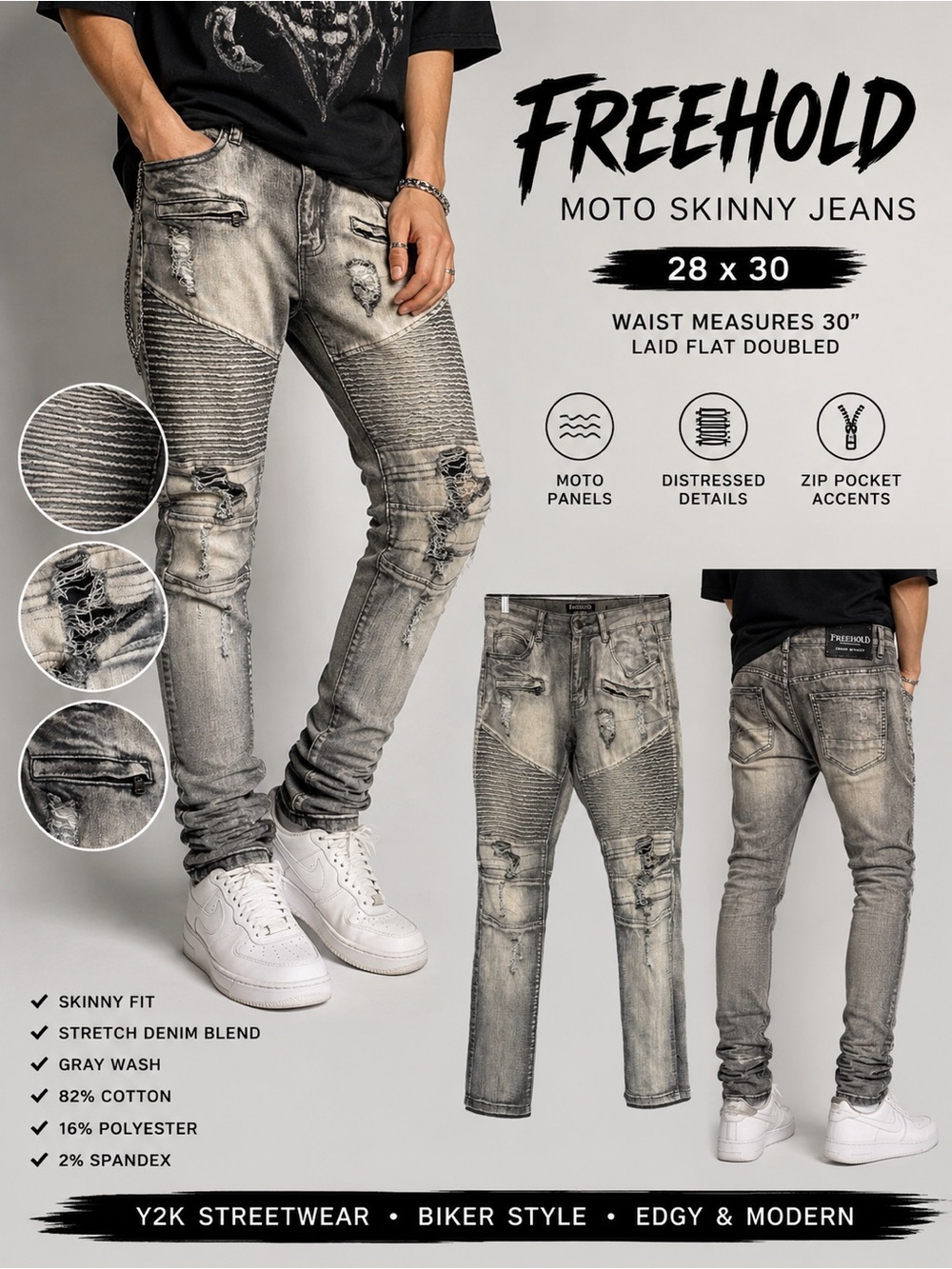Freehold Distressed Moto Skinny Jeans Gray Wash Men’s 28x30 Streetwear